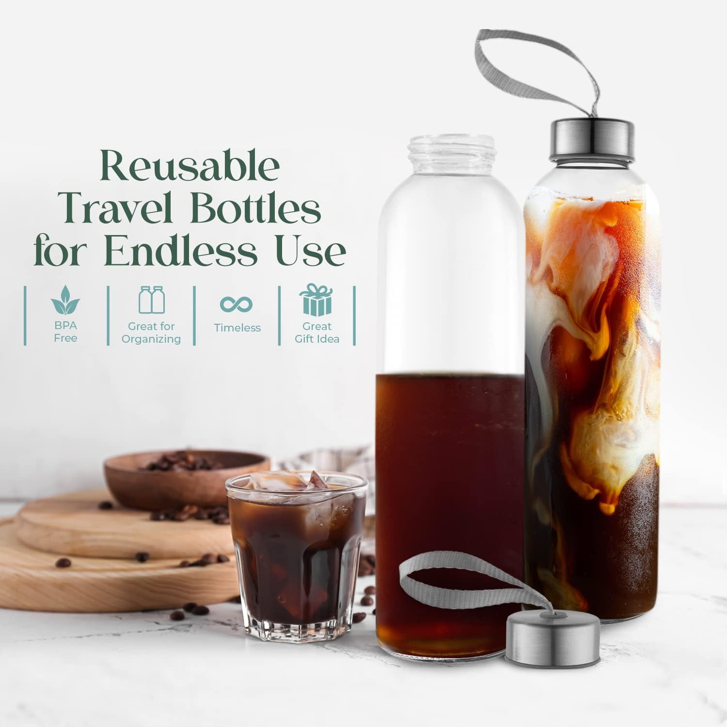 Pack of 4 Kitchen Lux 18oz Glass Water Bottles with Protective Sleeves, Screw Top Lids, Carrying Loops - BPA Free Beverage Glasses