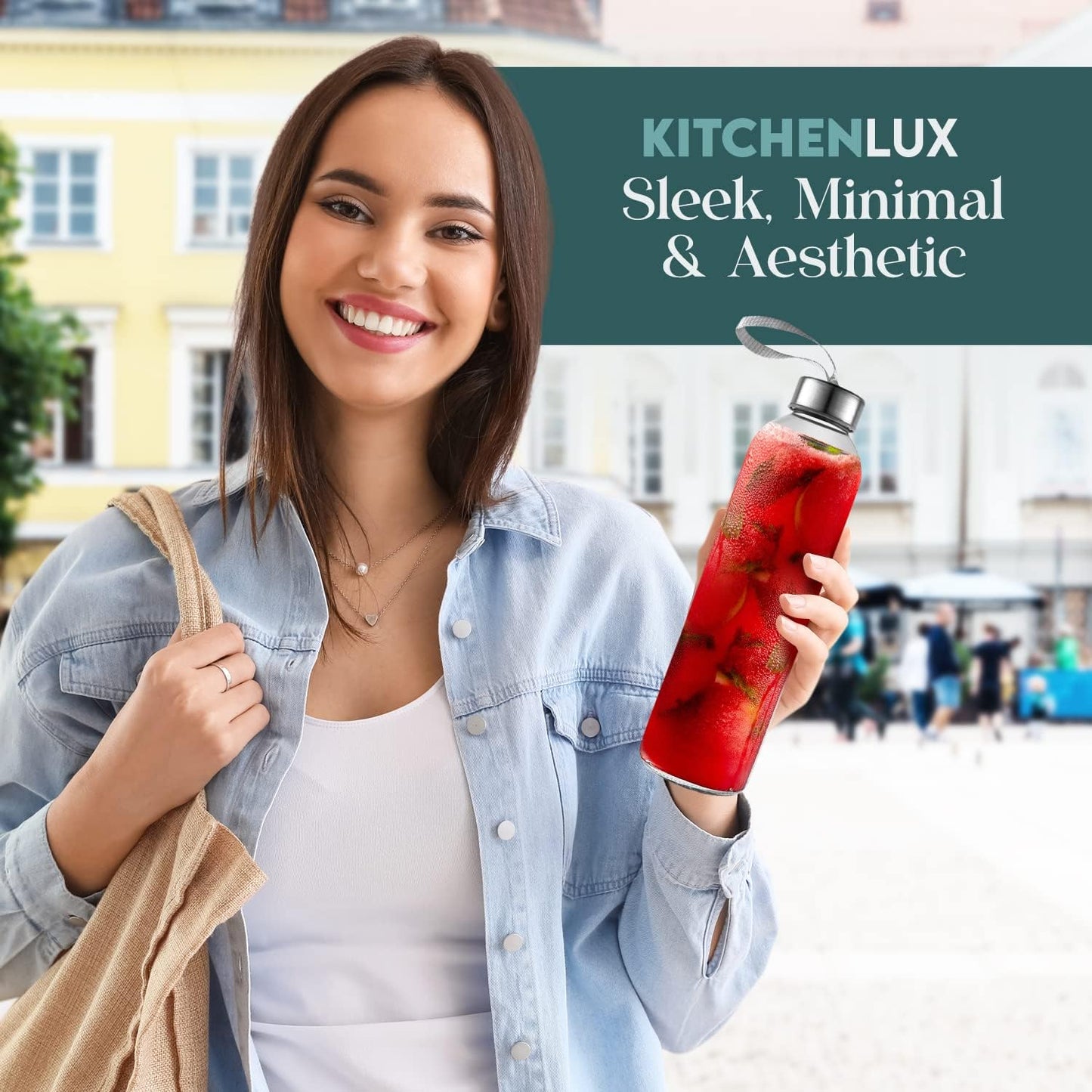 Pack of 4 Kitchen Lux 18oz Glass Water Bottles with Protective Sleeves, Screw Top Lids, Carrying Loops - BPA Free Beverage Glasses
