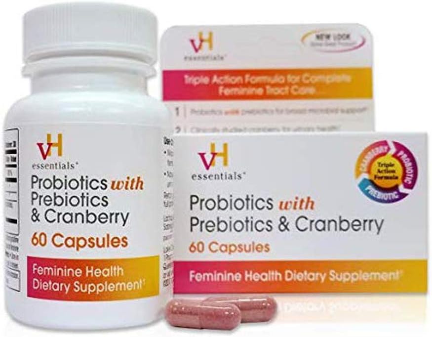 Pack of 5 vH essentials Probiotics with Prebiotics and Cranberry Feminine Health Supplement, 60 Capsules
