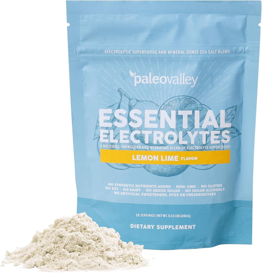 Paleovalley Lemon Lime Electrolyte Powder - Hydration, Energy, Muscle Recovery - No Added Sugar - 28 Servings