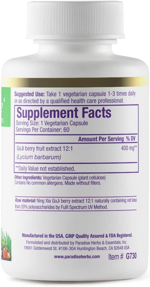Paradise Herbs Goji Extract Capsules - Herbal Support for Skin, Eyes, and Body - Vegan, Gluten-Free, Non-GMO - 60 Count