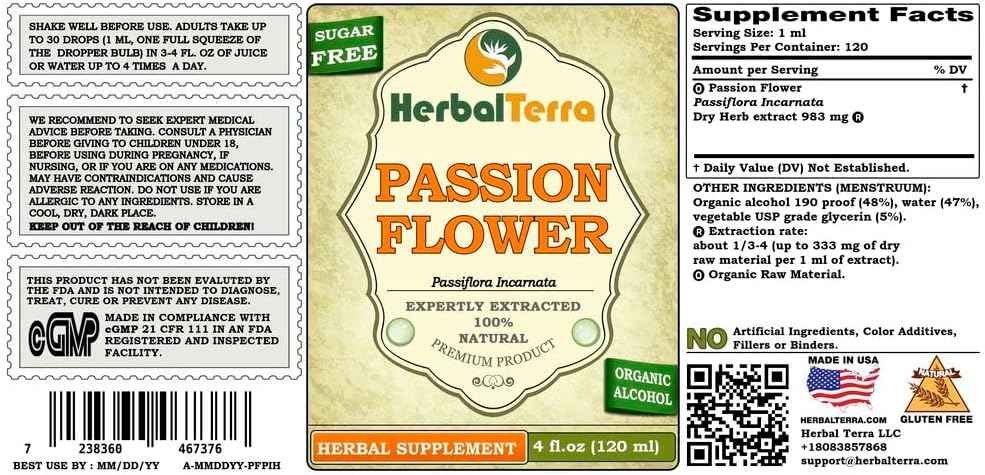 Passion Flower (Passiflora Incarnata) Tincture, Organic Dried Herb Liquid Extract (Brand Name: HerbalTerra, Proudly Made in USA) 2x4 fl.oz (2x120 ml)