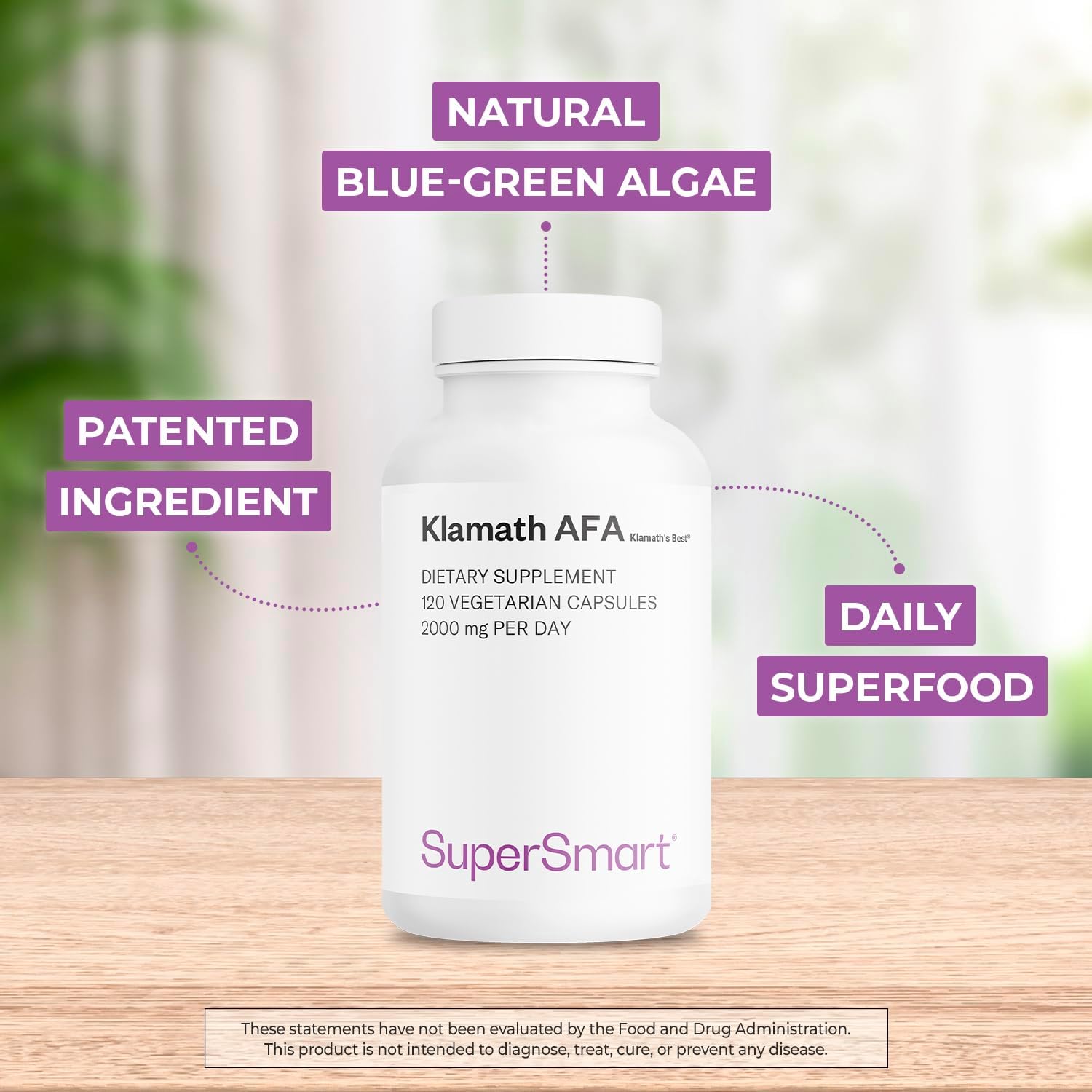 Patented Supersmart AFA Extract 1000mg Daily Blue-Green Algae Supplement - Non-GMO, Gluten Free - 120 Capsules