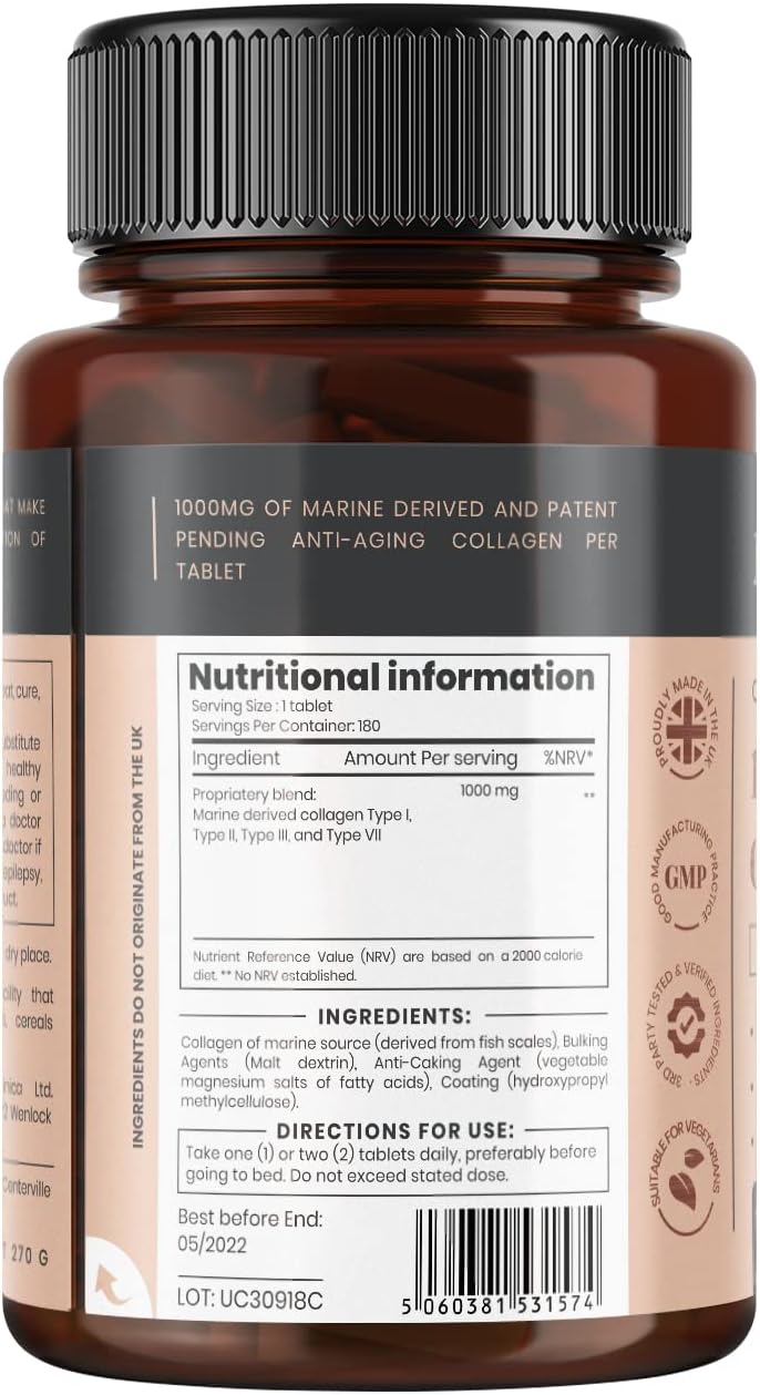 Patented UltraColl Marine Collagen 1000mg x 1080 Tablets - 18 Month Supply of Anti-Aging Types I, II, III, and VII