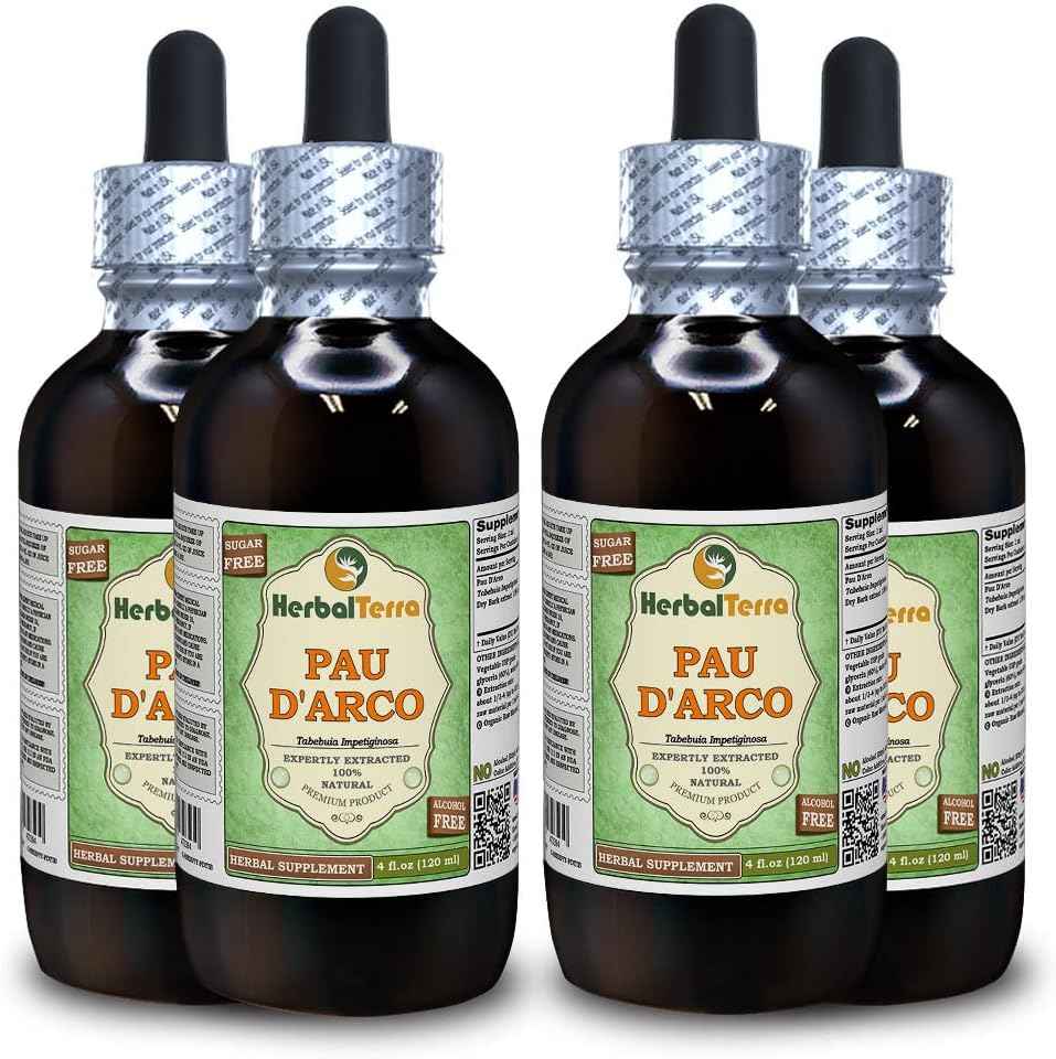 PAU d'arco (Tabebuia Impetiginosa) Glycerite, Dried Bark Alcohol-Free Liquid Extract (Brand Name: HerbalTerra, Proudly Made in USA) 4x4 fl.oz (4x120 ml)
