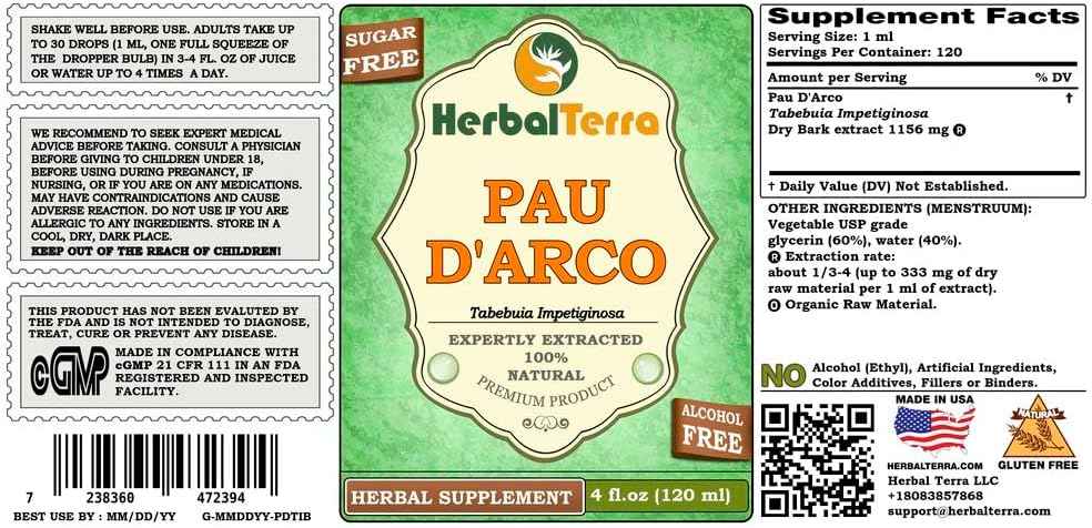 PAU d'arco (Tabebuia Impetiginosa) Glycerite, Dried Bark Alcohol-Free Liquid Extract (Brand Name: HerbalTerra, Proudly Made in USA) 4x4 fl.oz (4x120 ml)