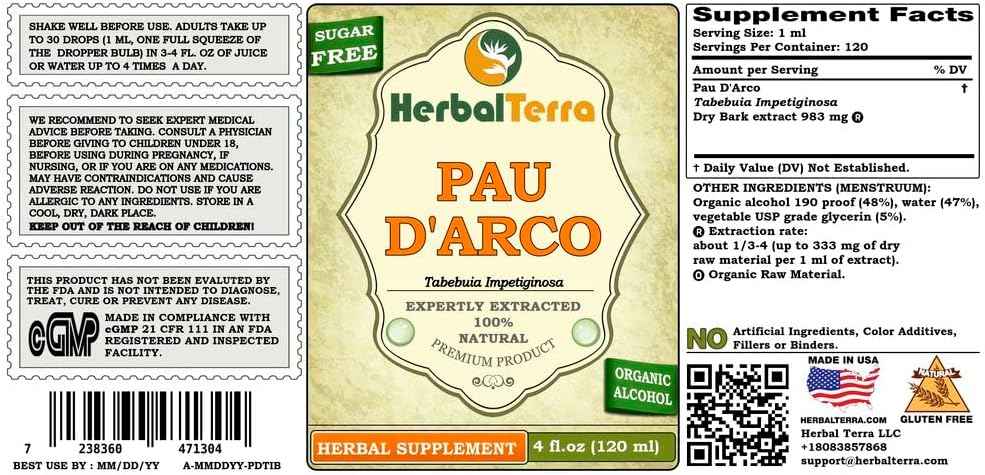 PAU d'arco (Tabebuia Impetiginosa) Tincture, Dried Bark Liquid Extract (Brand Name: HerbalTerra, Proudly Made in USA) 20x4 fl.oz (20x120 ml)
