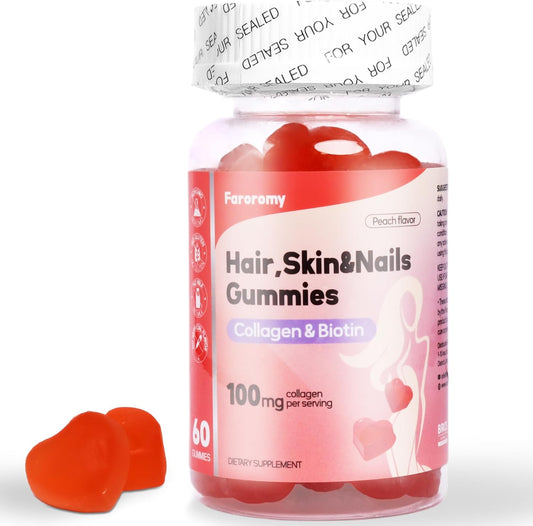 Peach Flavored Collagen Gummies with Biotin for Hair, Skin, and Nails - 30 Day Supply, 60 Count