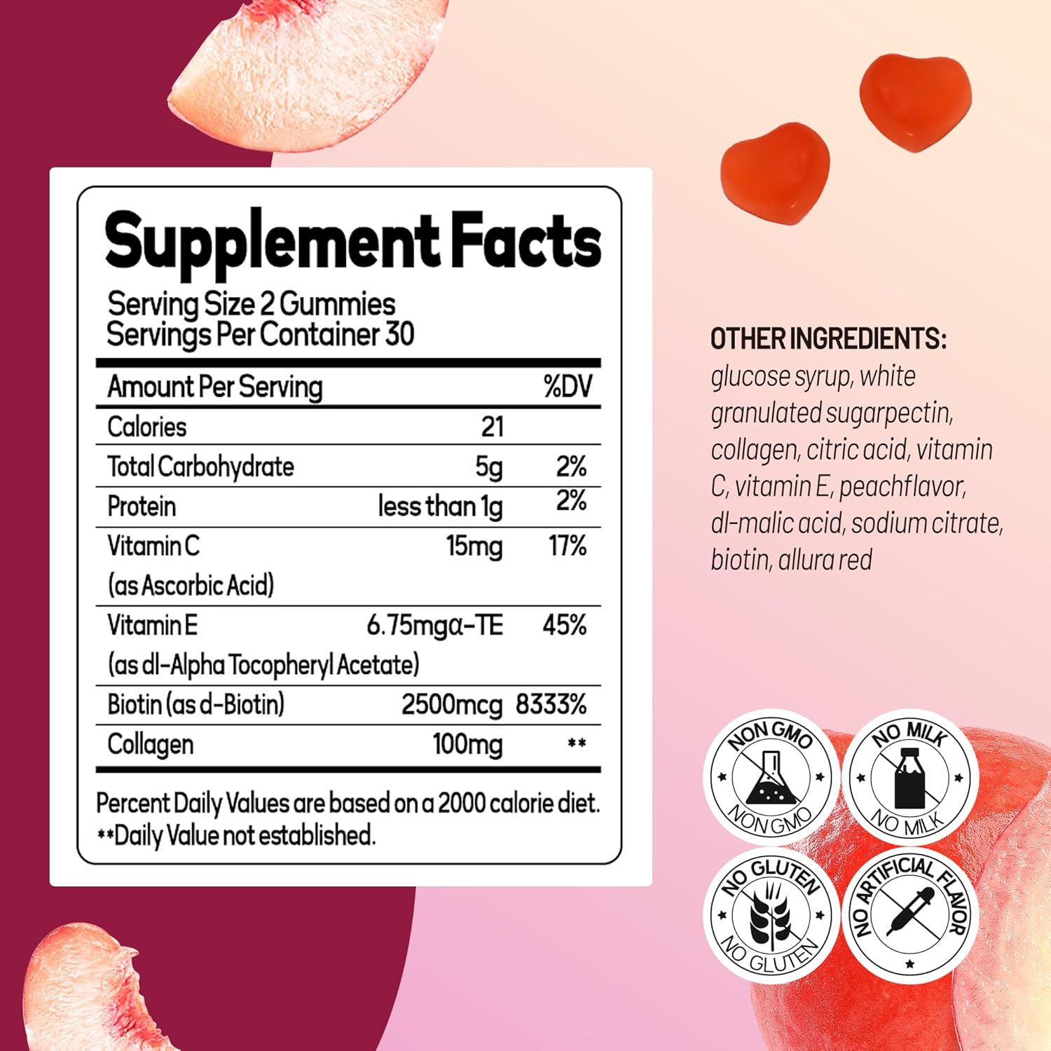 Peach Flavored Collagen Gummies with Biotin for Hair, Skin, and Nails - 30 Day Supply, 60 Count