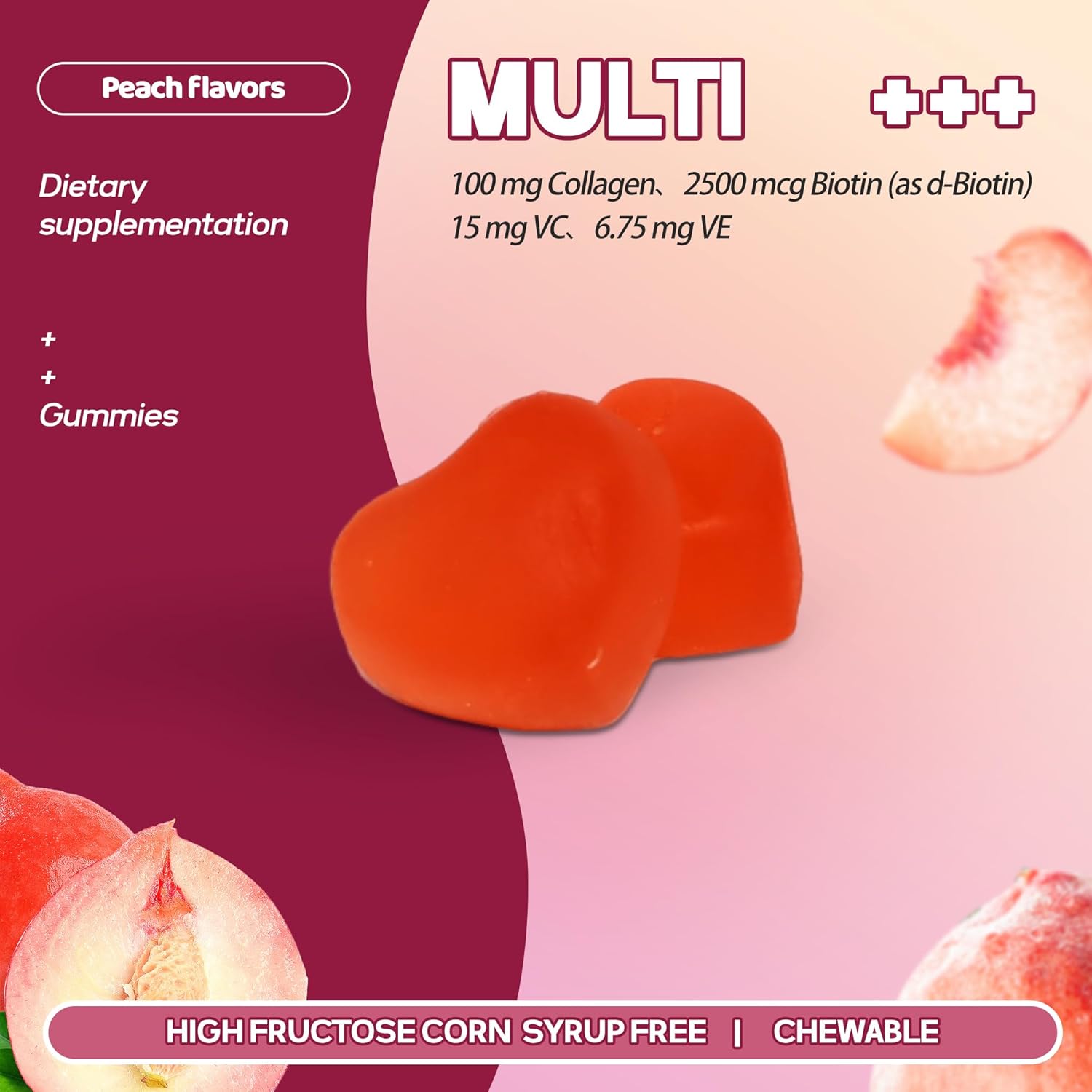 Peach Flavored Collagen Gummies with Biotin for Hair, Skin, and Nails - 30 Day Supply, 60 Count