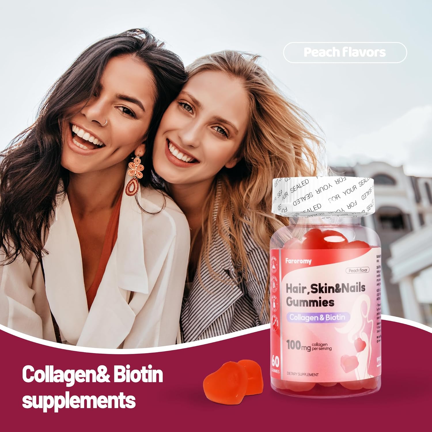 Peach Flavored Collagen Gummies with Biotin for Hair, Skin, and Nails - 30 Day Supply, 60 Count