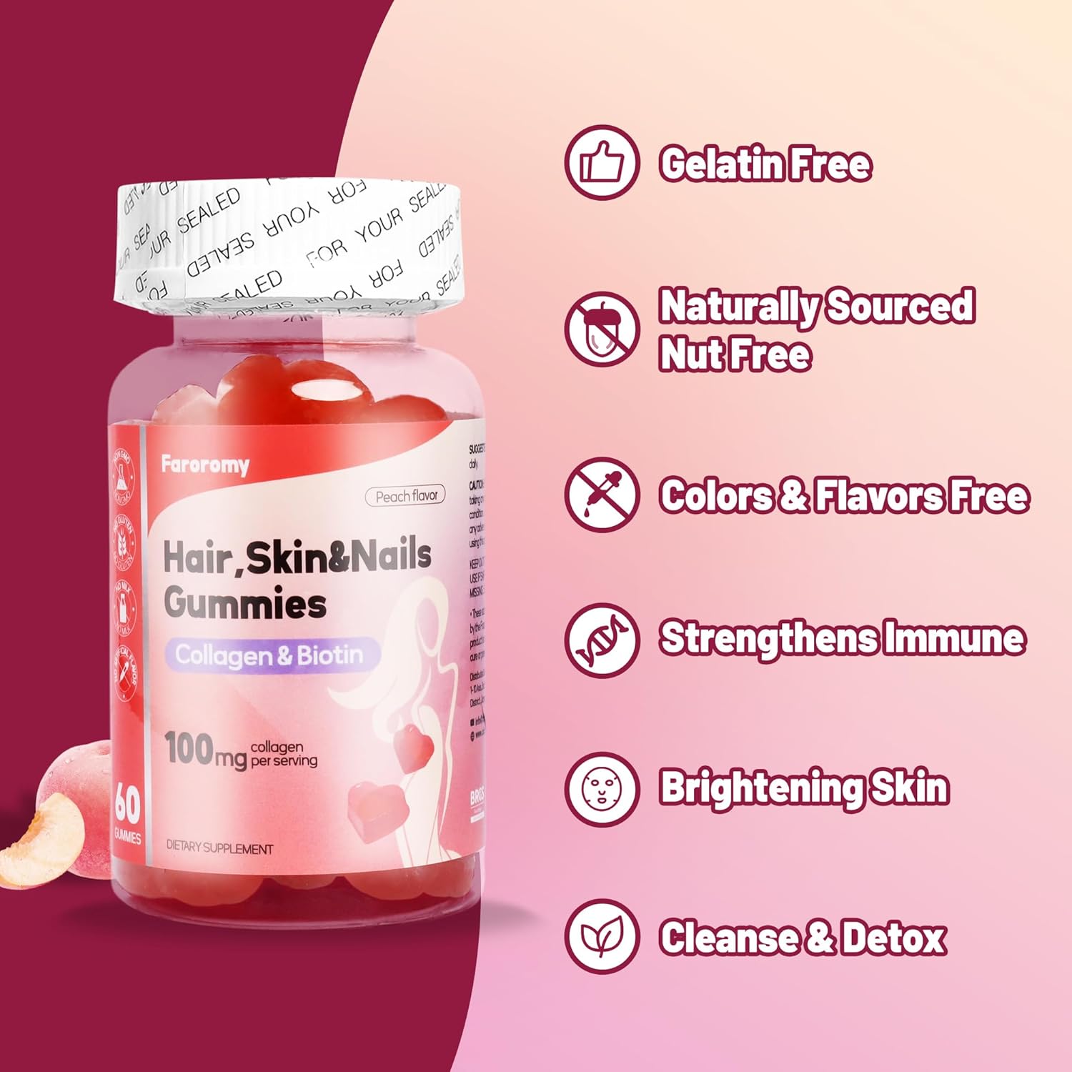Peach Flavored Collagen Gummies with Biotin for Hair, Skin, and Nails - 30 Day Supply, 60 Count