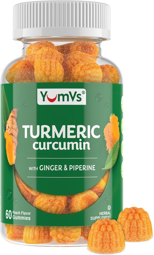 Peach Flavored Turmeric Gummies with Ginger, Piperine & Black Pepper - Gluten Free Vegetarian Supplement by YUM-V'S