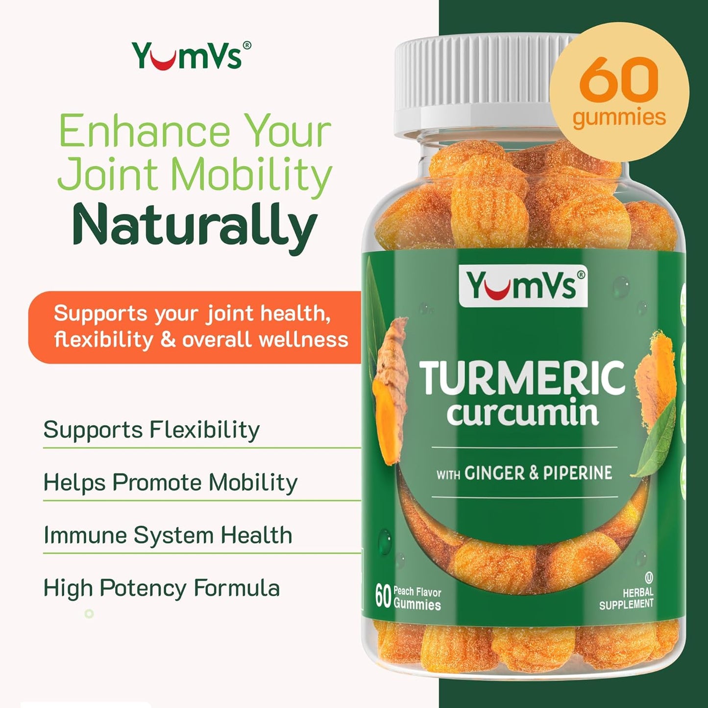 Peach Flavored Turmeric Gummies with Ginger, Piperine & Black Pepper - Gluten Free Vegetarian Supplement by YUM-V'S