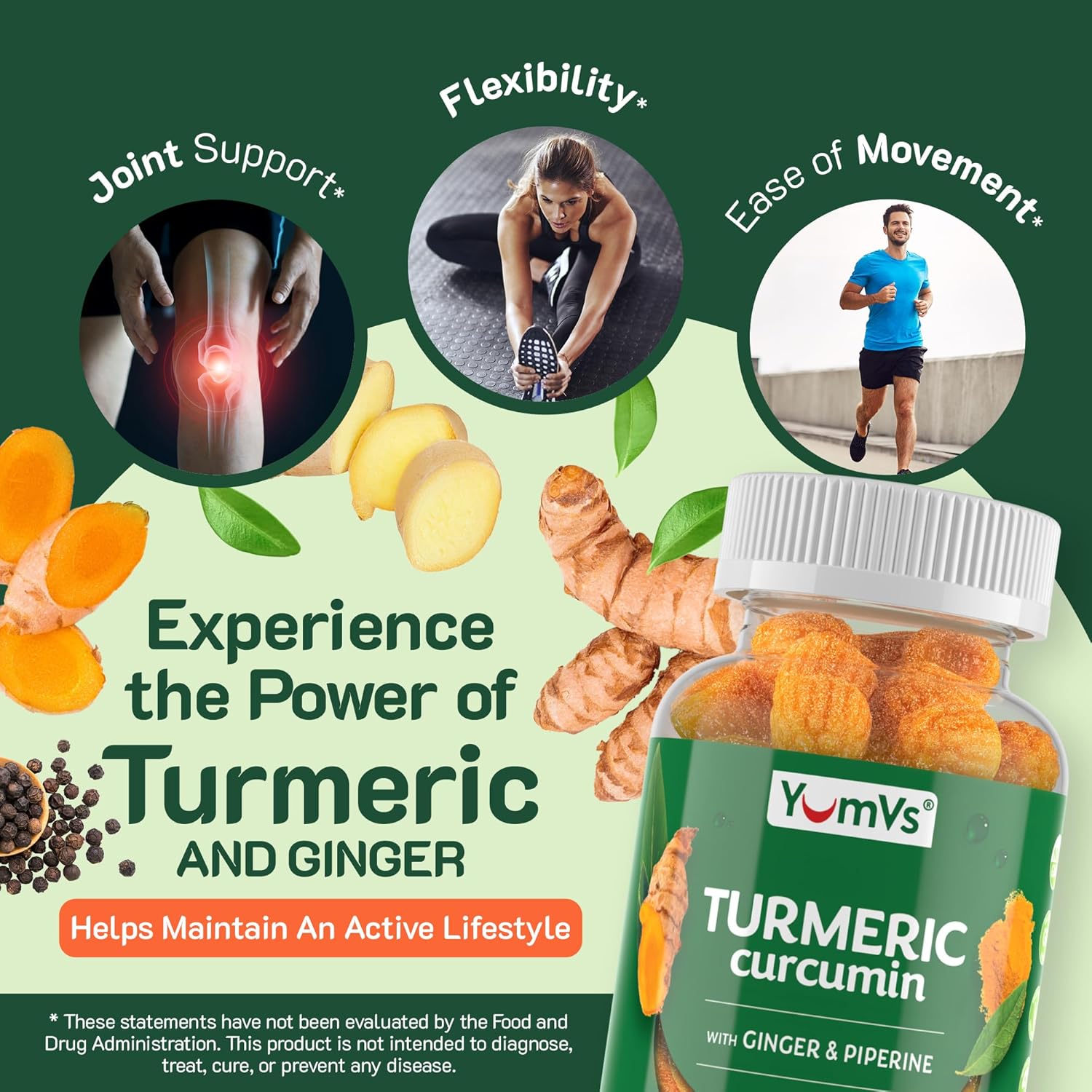 Peach Flavored Turmeric Gummies with Ginger, Piperine & Black Pepper - Gluten Free Vegetarian Supplement by YUM-V'S