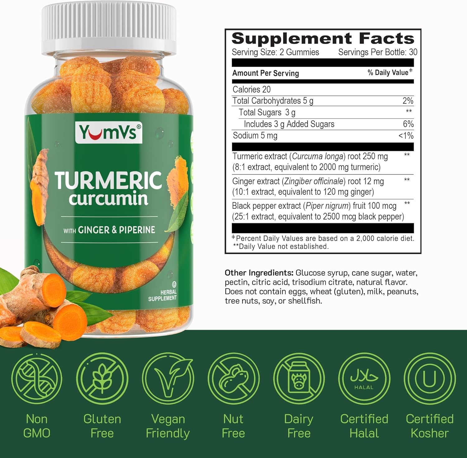 Peach Flavored Turmeric Gummies with Ginger, Piperine & Black Pepper - Gluten Free Vegetarian Supplement by YUM-V'S
