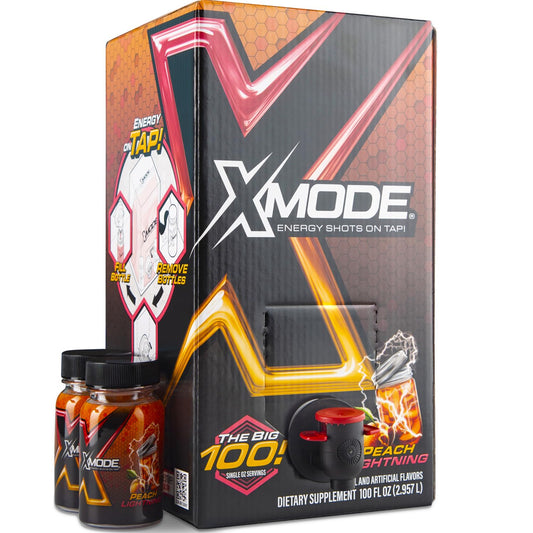 Peach Lightning XMODE Energy Shots Dispenser - 100 Servings with Refillable Bottles & 150mg Caffeine Per Oz
