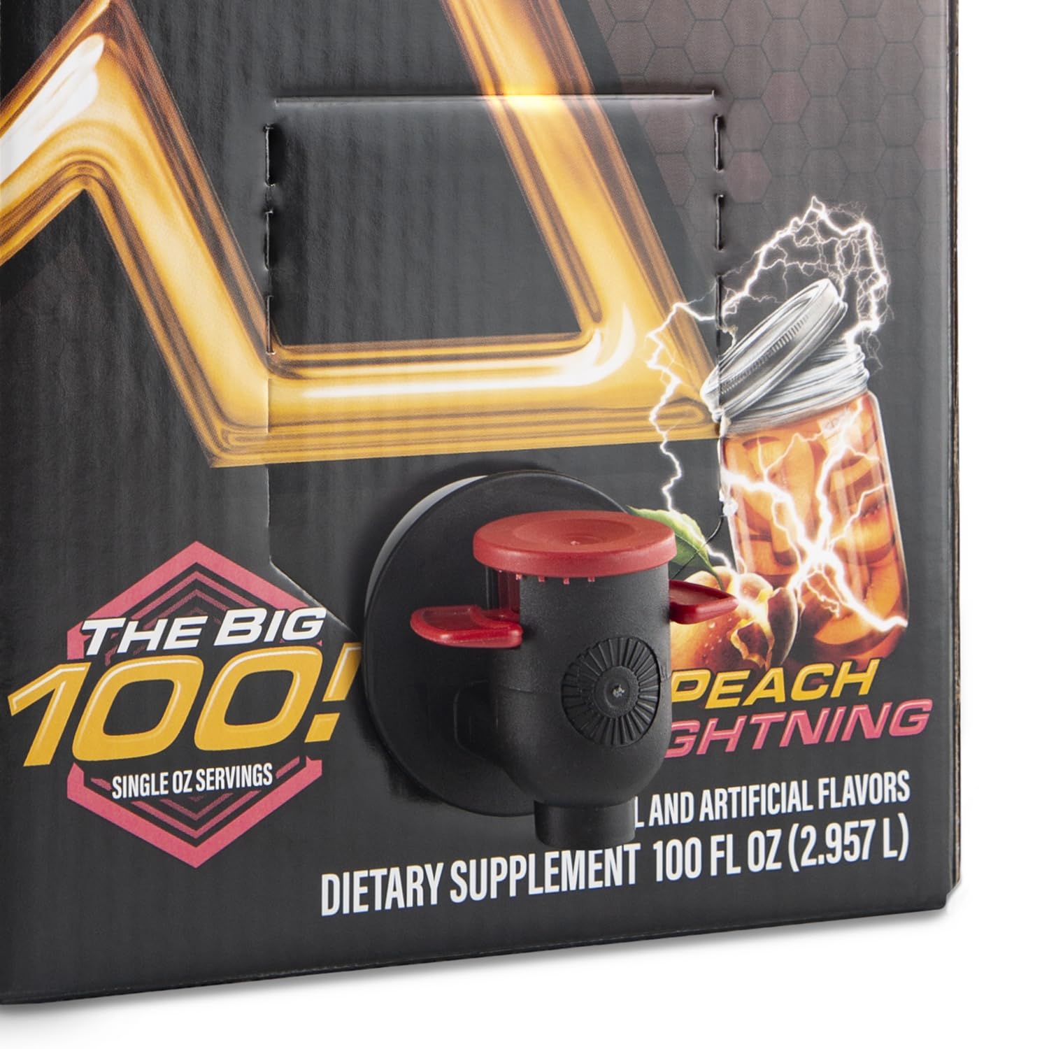 Peach Lightning XMODE Energy Shots Dispenser - 100 Servings with Refillable Bottles & 150mg Caffeine Per Oz
