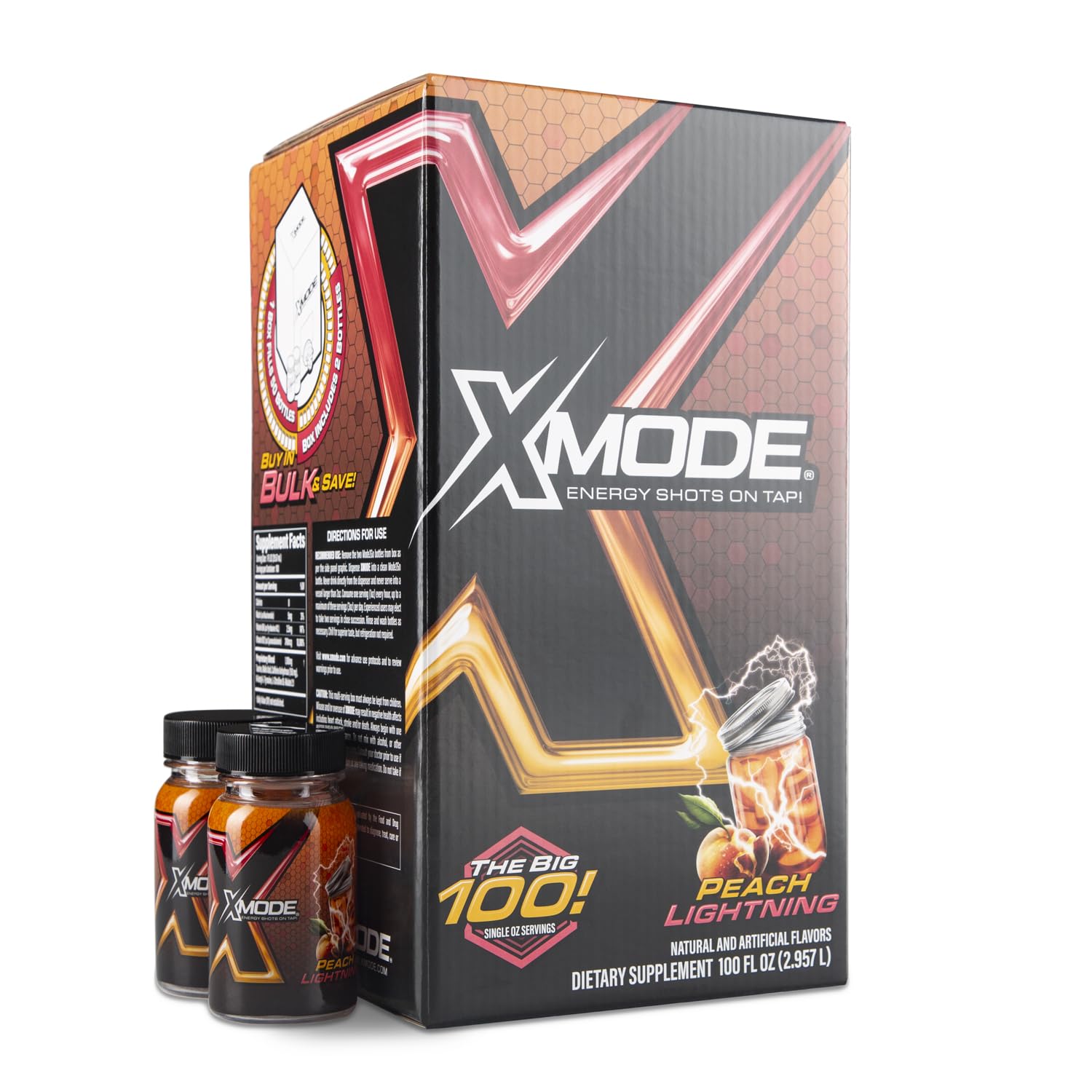 Peach Lightning XMODE Energy Shots Dispenser - 100 Servings with Refillable Bottles & 150mg Caffeine Per Oz