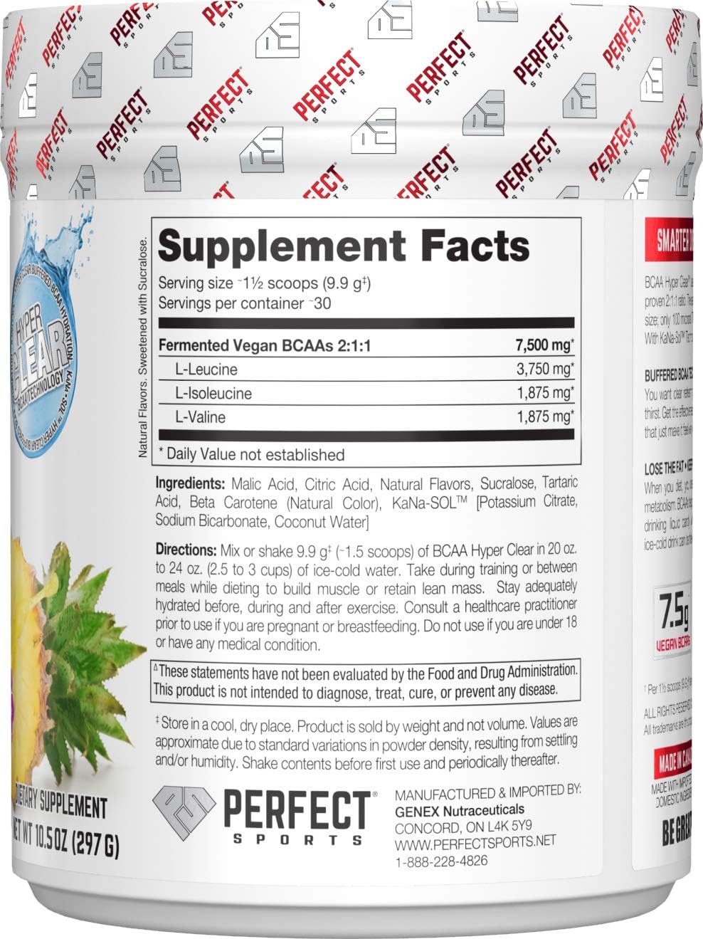 PERFECT SPORTS BCAA Hyper Clear Vegan BCAAs Supplement Intense Hawaiian Pineapple Flavor 297G