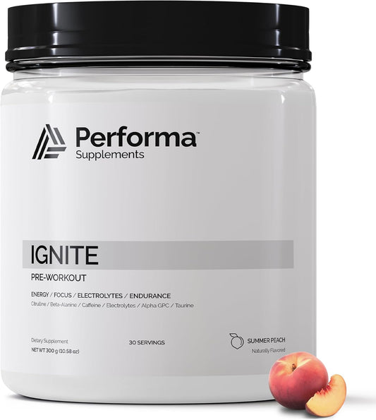 Performa Supplements Ignite Pre-Workout - 30 Servings, Summer Peach Flavor with Beta-Alanine, Caffeine, Citrulline, Alpha GPC, Natural Ingredients, No Food Coloring