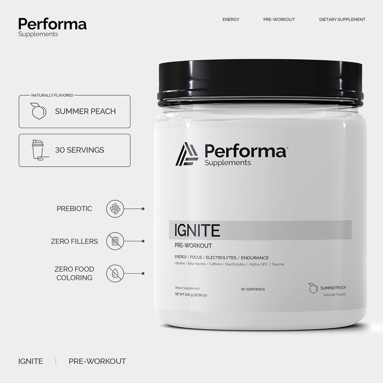 Performa Supplements Ignite Pre-Workout - 30 Servings, Summer Peach Flavor with Beta-Alanine, Caffeine, Citrulline, Alpha GPC, Natural Ingredients, No Food Coloring