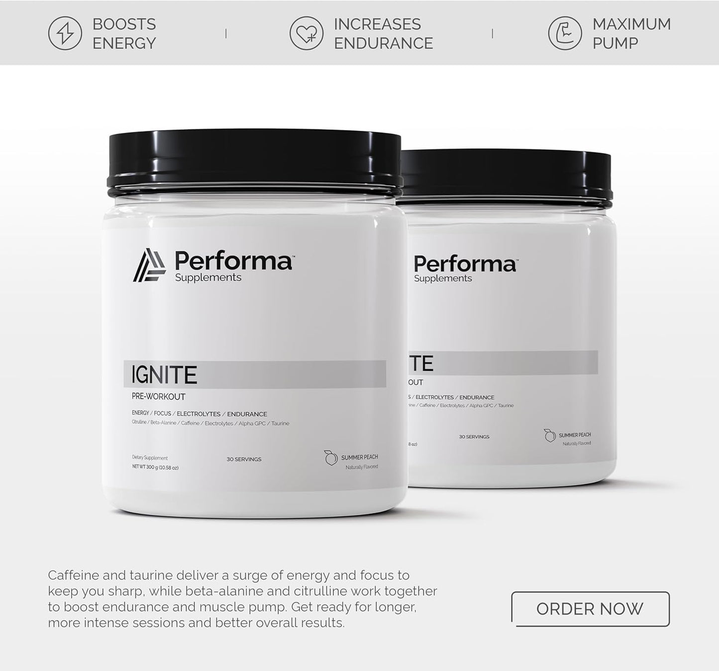 Performa Supplements Ignite Pre-Workout - 30 Servings, Summer Peach Flavor with Beta-Alanine, Caffeine, Citrulline, Alpha GPC, Natural Ingredients, No Food Coloring