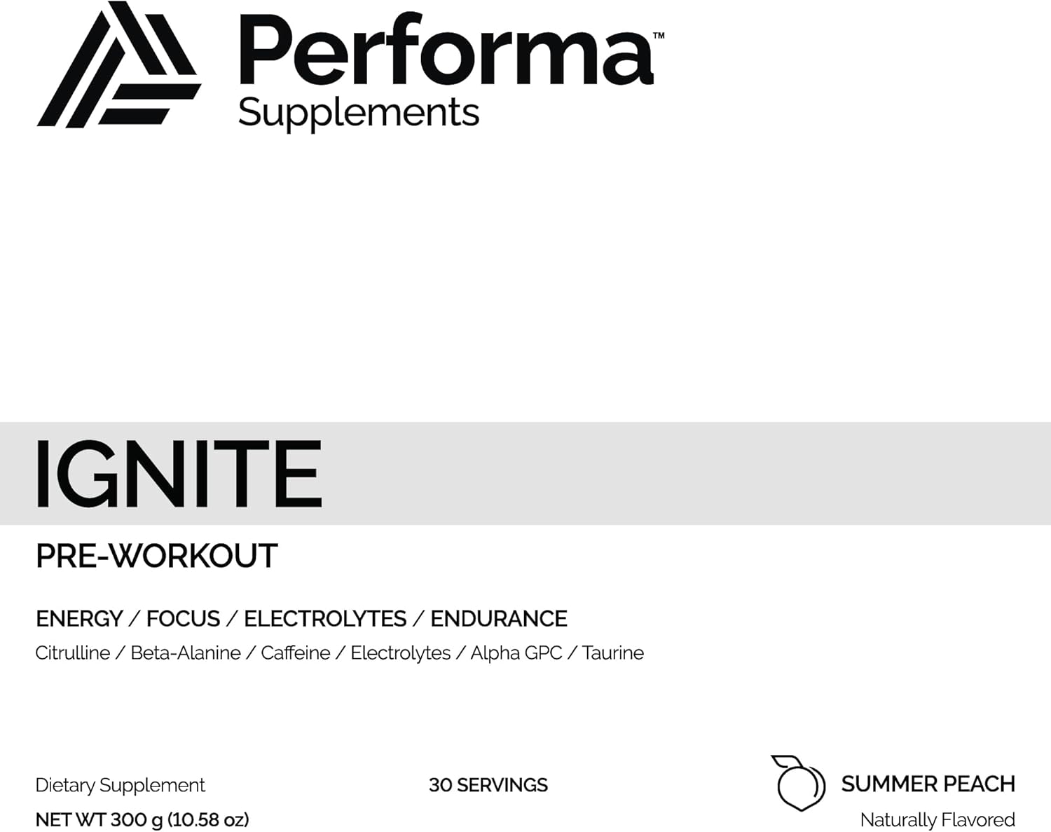 Performa Supplements Ignite Pre-Workout - 30 Servings, Summer Peach Flavor with Beta-Alanine, Caffeine, Citrulline, Alpha GPC, Natural Ingredients, No Food Coloring
