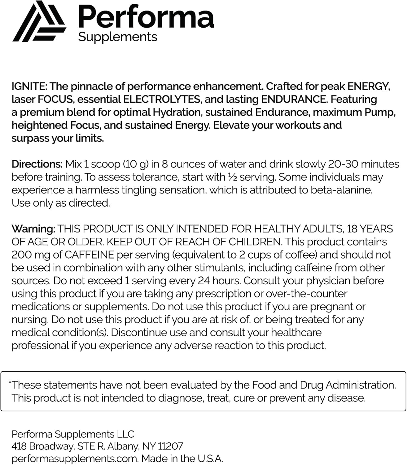 Performa Supplements Ignite Pre-Workout - 30 Servings, Summer Peach Flavor with Beta-Alanine, Caffeine, Citrulline, Alpha GPC, Natural Ingredients, No Food Coloring