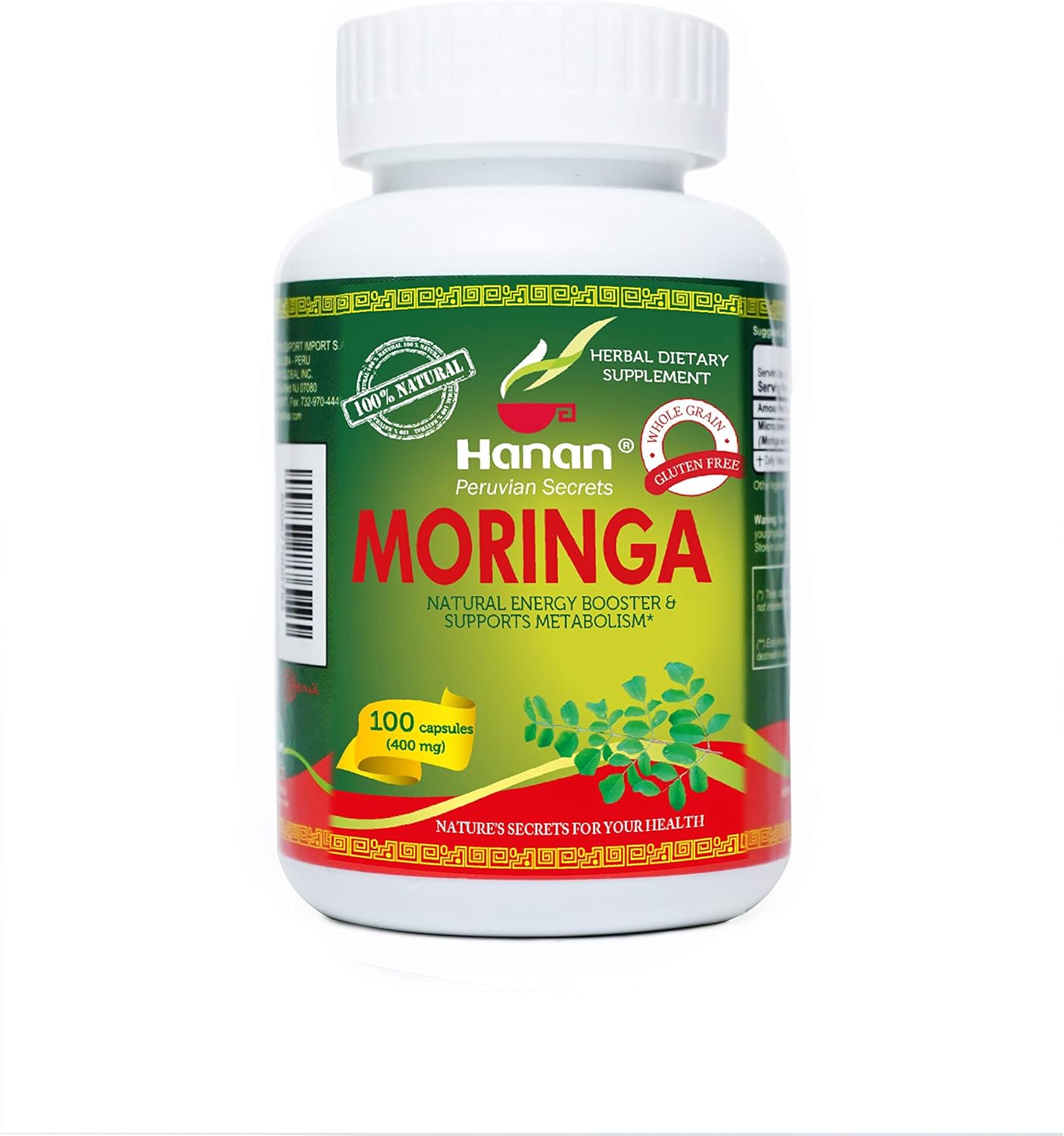 Peruvian Hanan Moringa Superfood Powder Capsules - 100 Count Pure Moringa Oleifera Lam from Peru