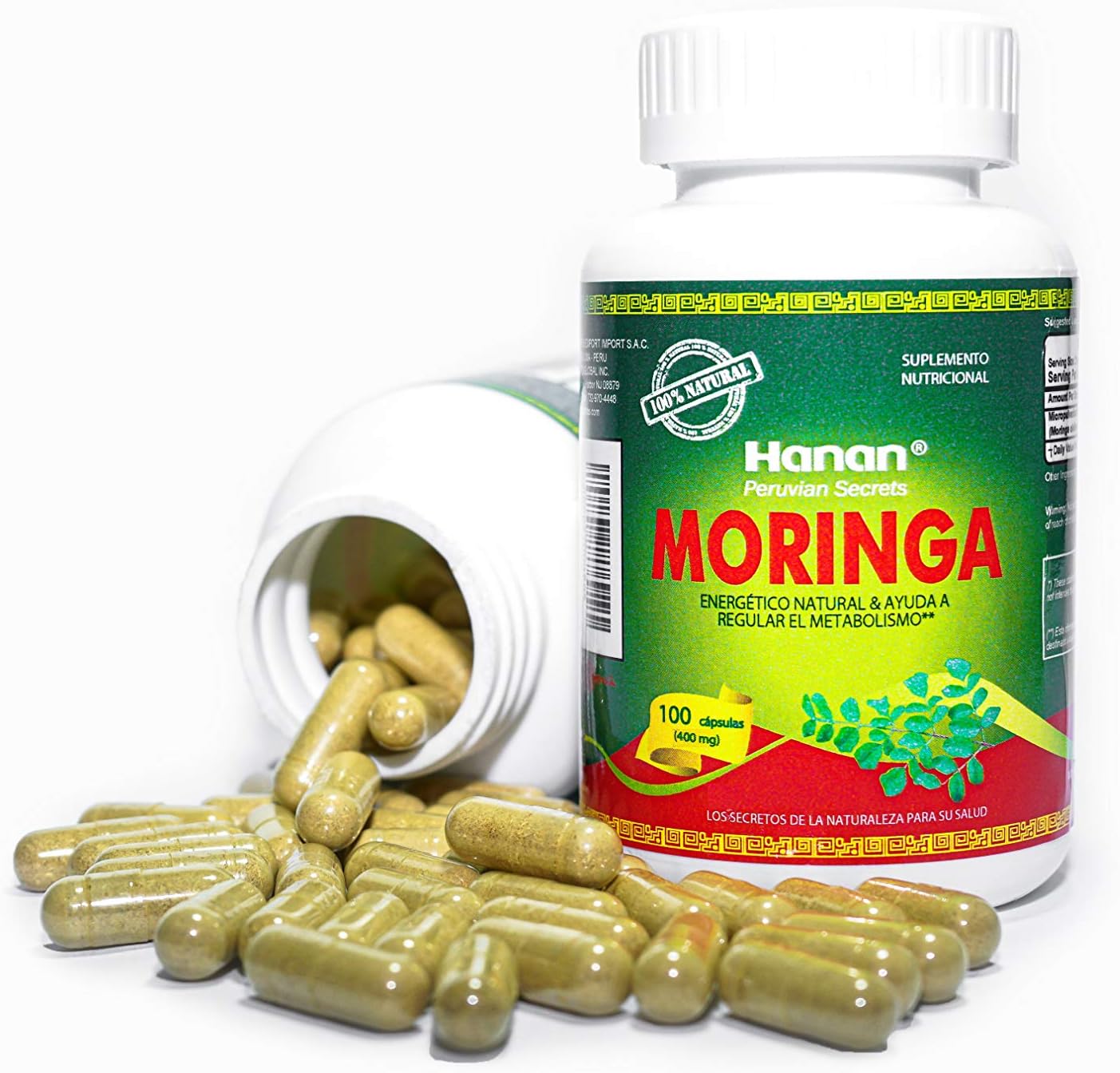 Peruvian Hanan Moringa Superfood Powder Capsules - 100 Count Pure Moringa Oleifera Lam from Peru