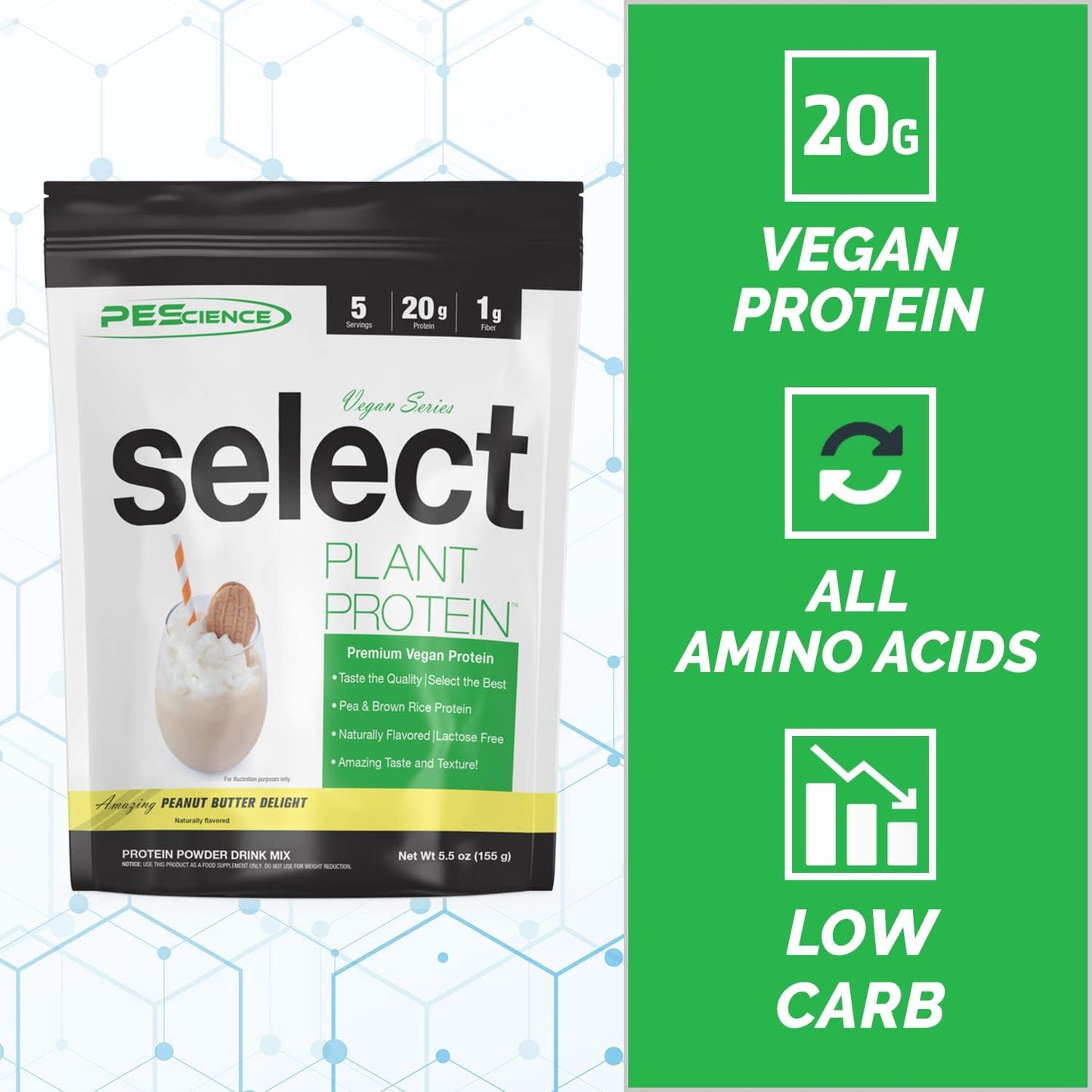 PEScience Select Vegan Peanut Butter Delight Protein Powder - 5 Servings, Premium Plant-Based Blend of Pea and Brown Rice