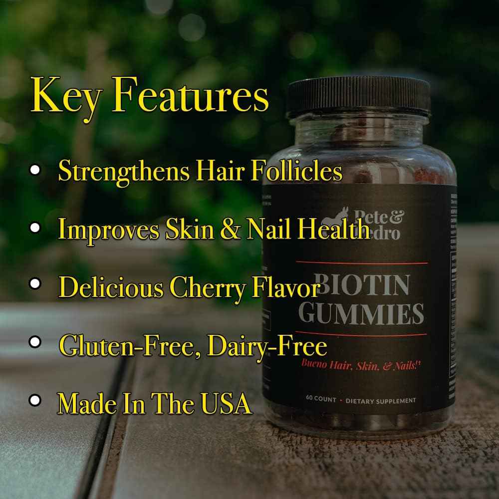 Pete & Pedro BIOTIN Gummies for Hair, Skin & Nails Growth for Women & Men |Hair Grow Supplement for Stronger Skin, & Nails | Cherry Biotin Gummy 5000mcg Per Serving | Seen on Shark Tank, 60 Count