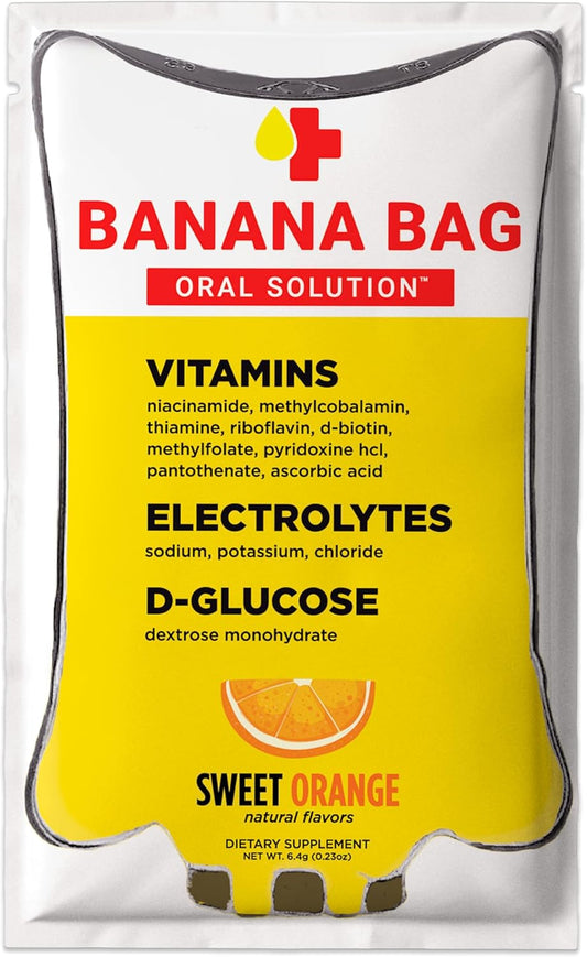 Pharmacist-Formulated Banana Bag Oral Solution Recovery Packets (5pk) - I.V. Alternative for Fast Energy Boost and Rehydration - Sweet Orange Flavor with Electrolytes, Vitamin C, and B-Complex