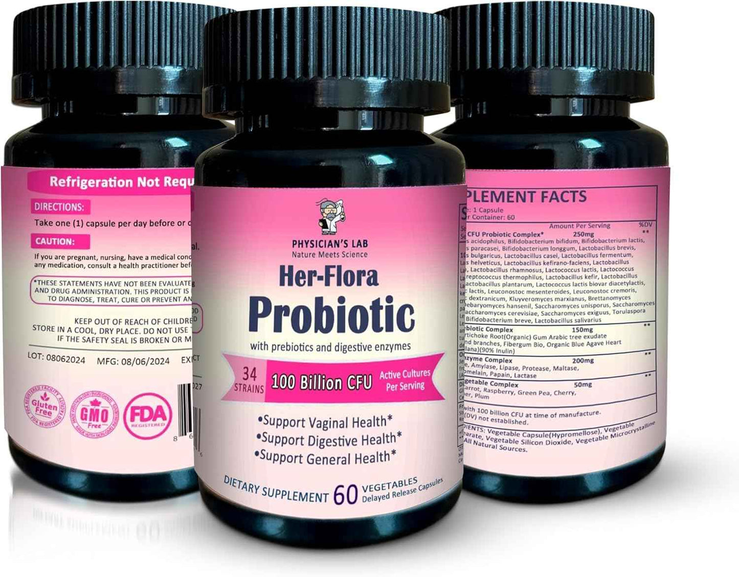 Physician’s Lab Her-Flora Women’s Probiotic 100 Billion CFU per Capsule, Non-GMO, 34 Strains, with Prebiotics & Digestive enzymes, Gut & Vaginal Health, H.Pylori Support, 60 Veg Caps,2-Months Supply!