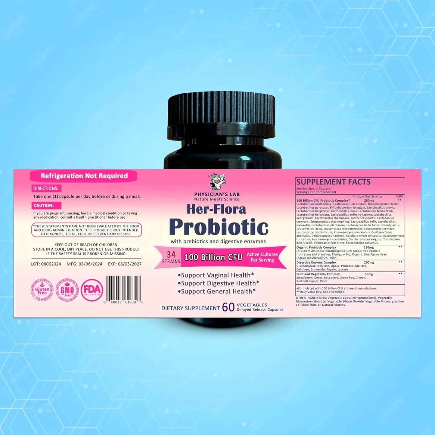 Physician’s Lab Her-Flora Women’s Probiotic 100 Billion CFU per Capsule, Non-GMO, 34 Strains, with Prebiotics & Digestive enzymes, Gut & Vaginal Health, H.Pylori Support, 60 Veg Caps,2-Months Supply!
