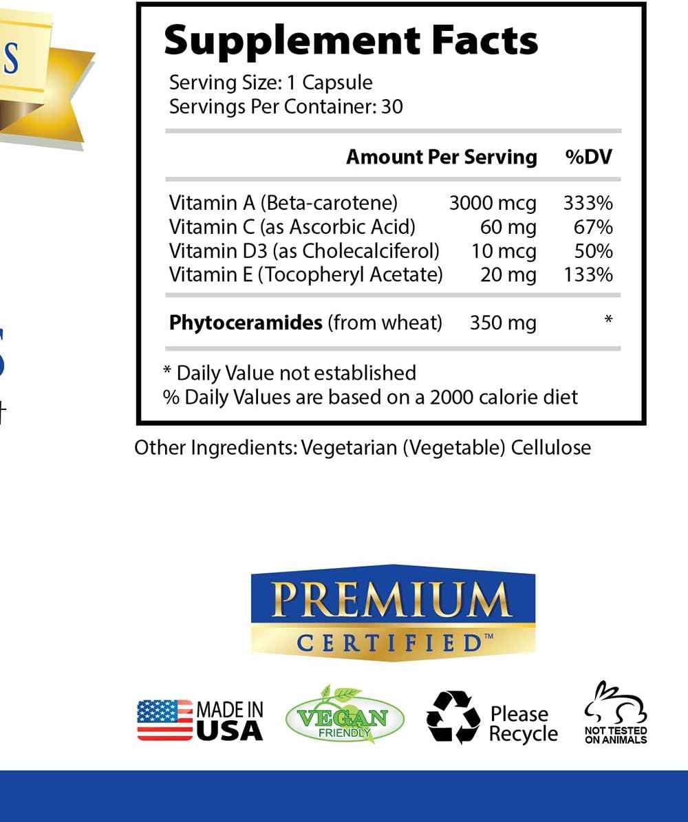 Phytoceramides 350mg from 100% Wheat -Vitamin A, C, E and D3 - Reverse Aging Skin, Replenish Moisture & Repair Skin - 100% Pure Natural - 30 Capsules - Vegan Friendly