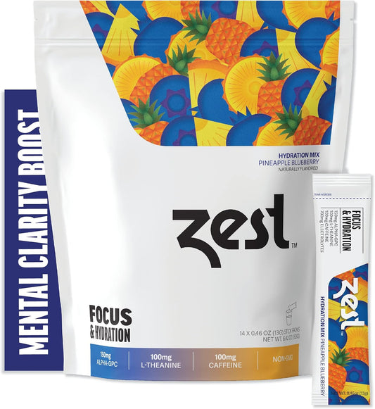 Pineapple Blueberry Focus & Hydration Powder with Caffeine & Nootropic Brain Boost - 14 Packets