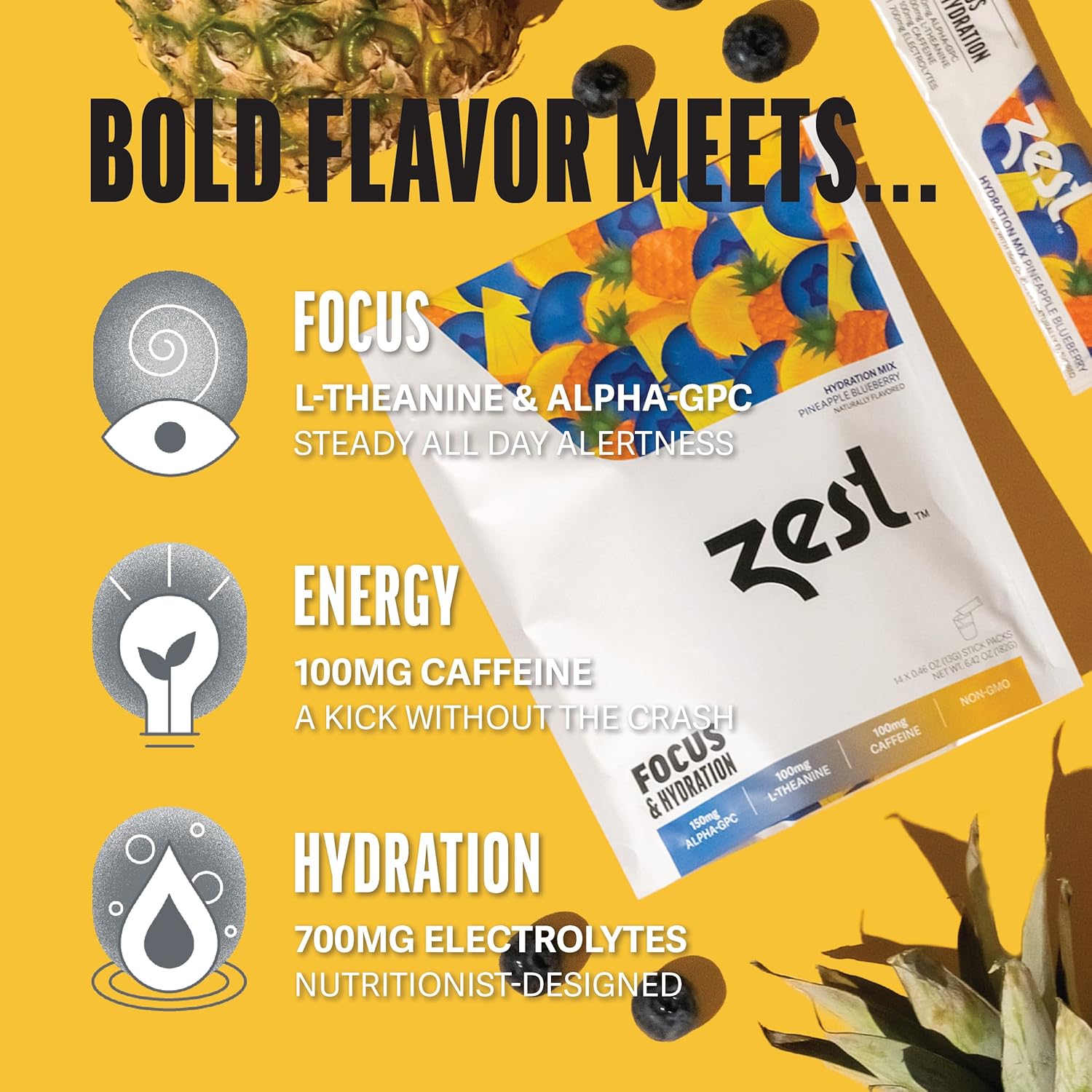Pineapple Blueberry Focus & Hydration Powder with Caffeine & Nootropic Brain Boost - 14 Packets