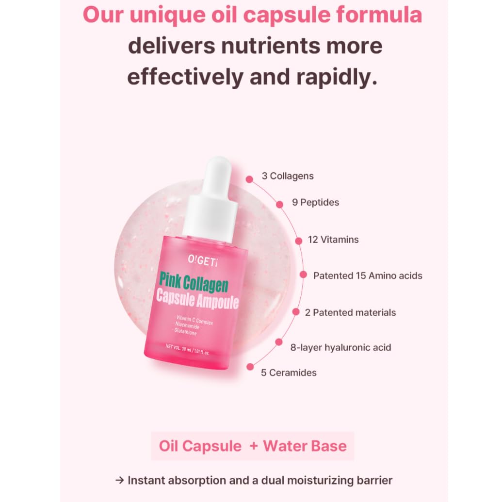 Pink Collagen Capsule Ampoule for Skin, 1.01 Fl Oz - Hydrating Anti-Aging Serum