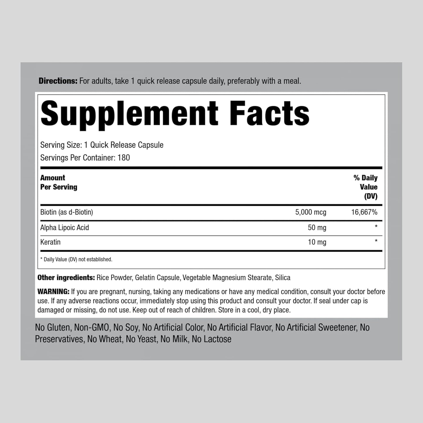 Piping Rock Biotin 5000mcg Capsules with Keratin & Alpha Lipoic Acid - Non-GMO, Gluten Free (180 Count)