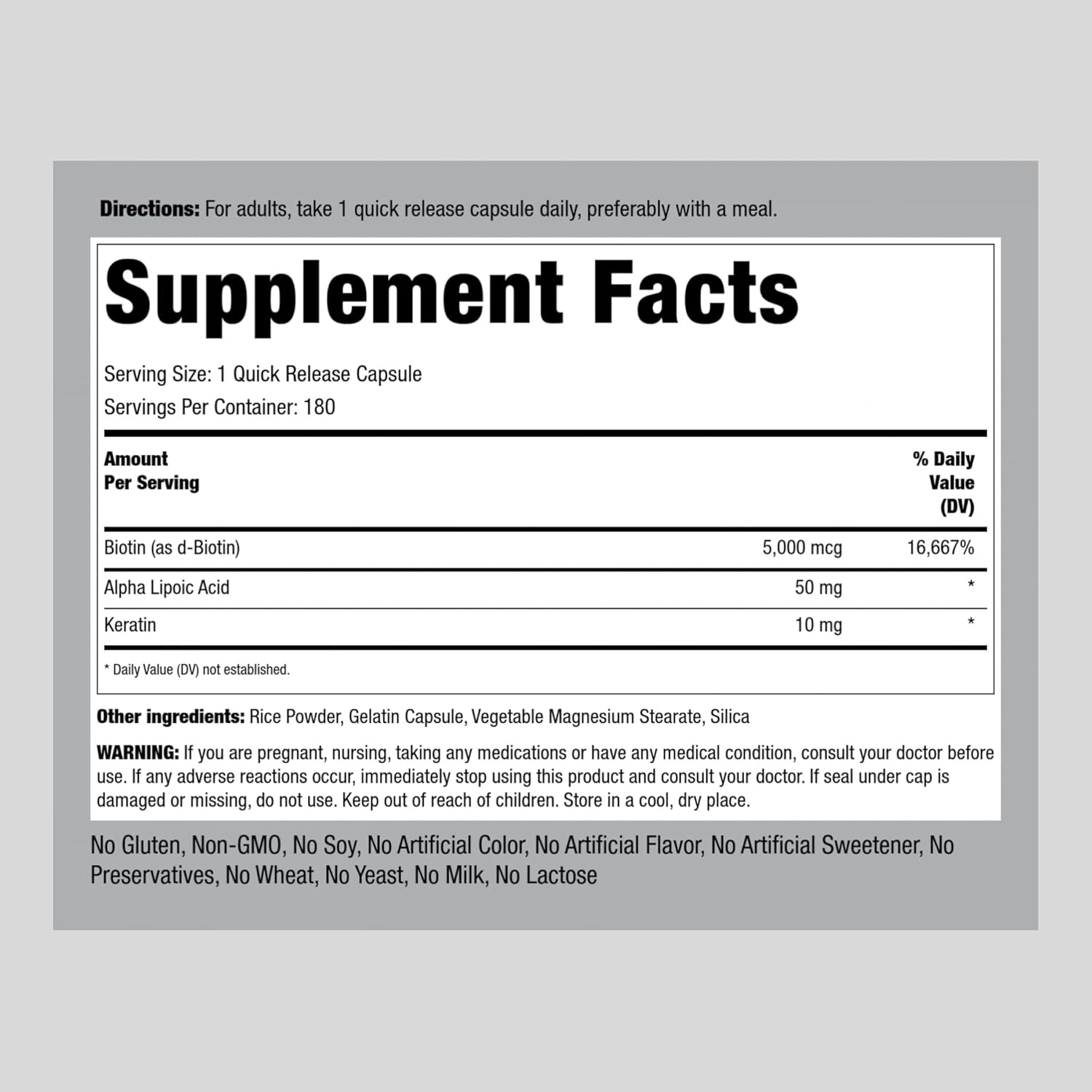 Piping Rock Biotin 5000mcg Capsules with Keratin & Alpha Lipoic Acid - Non-GMO, Gluten Free (180 Count)