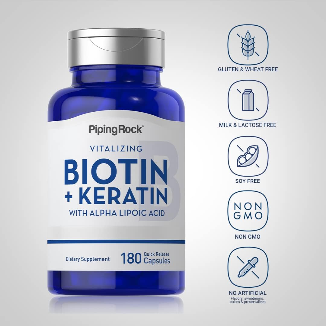 Piping Rock Biotin 5000mcg Capsules with Keratin & Alpha Lipoic Acid - Non-GMO, Gluten Free (180 Count)