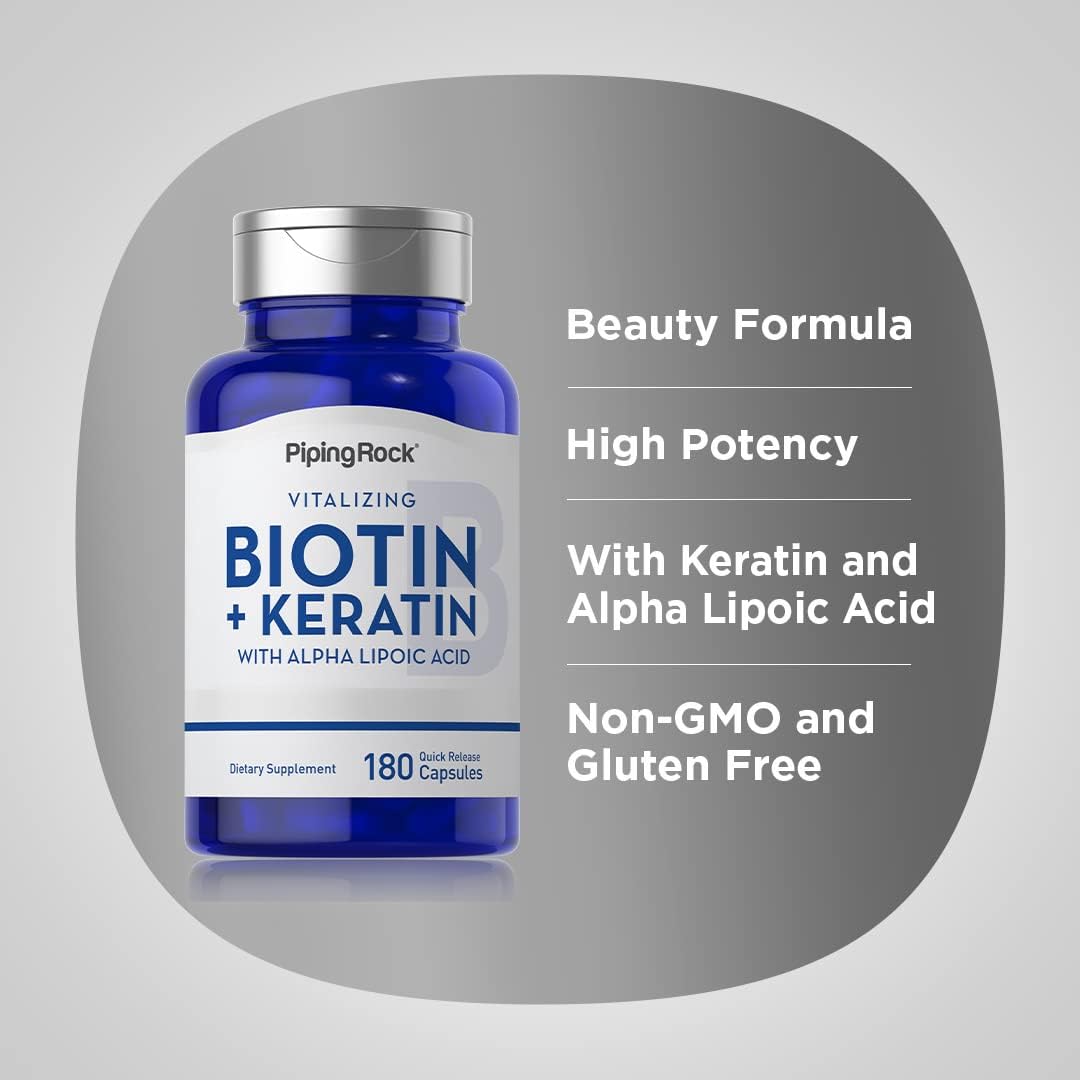 Piping Rock Biotin 5000mcg Capsules with Keratin & Alpha Lipoic Acid - Non-GMO, Gluten Free (180 Count)