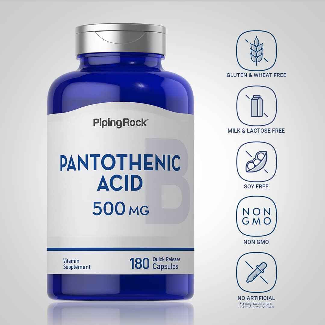 Piping Rock Pantothenic Acid 500mg | 180 Capsules | Essential B Vitamin | Non-GMO, Gluten Free Supplement