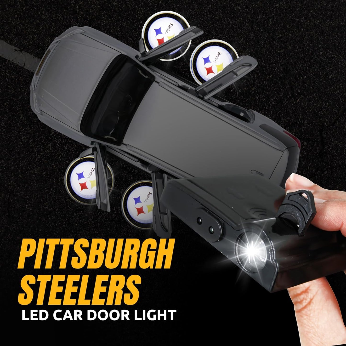 Pittsburgh Steelers NFL Car Door Light Projector - Wireless LED with Team Logo Slide - Fits Most Car Models - Battery-Operated