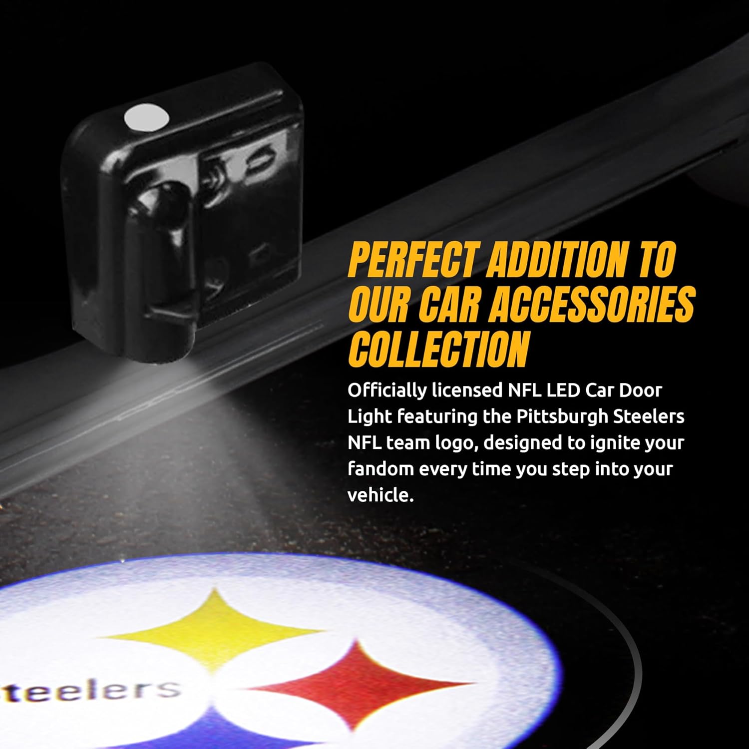 Pittsburgh Steelers NFL Car Door Light Projector - Wireless LED with Team Logo Slide - Fits Most Car Models - Battery-Operated