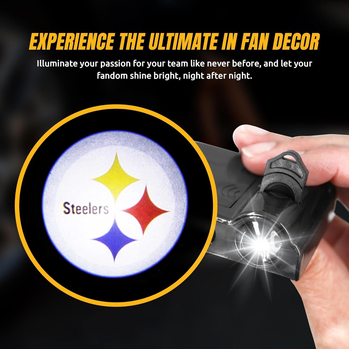 Pittsburgh Steelers NFL Car Door Light Projector - Wireless LED with Team Logo Slide - Fits Most Car Models - Battery-Operated