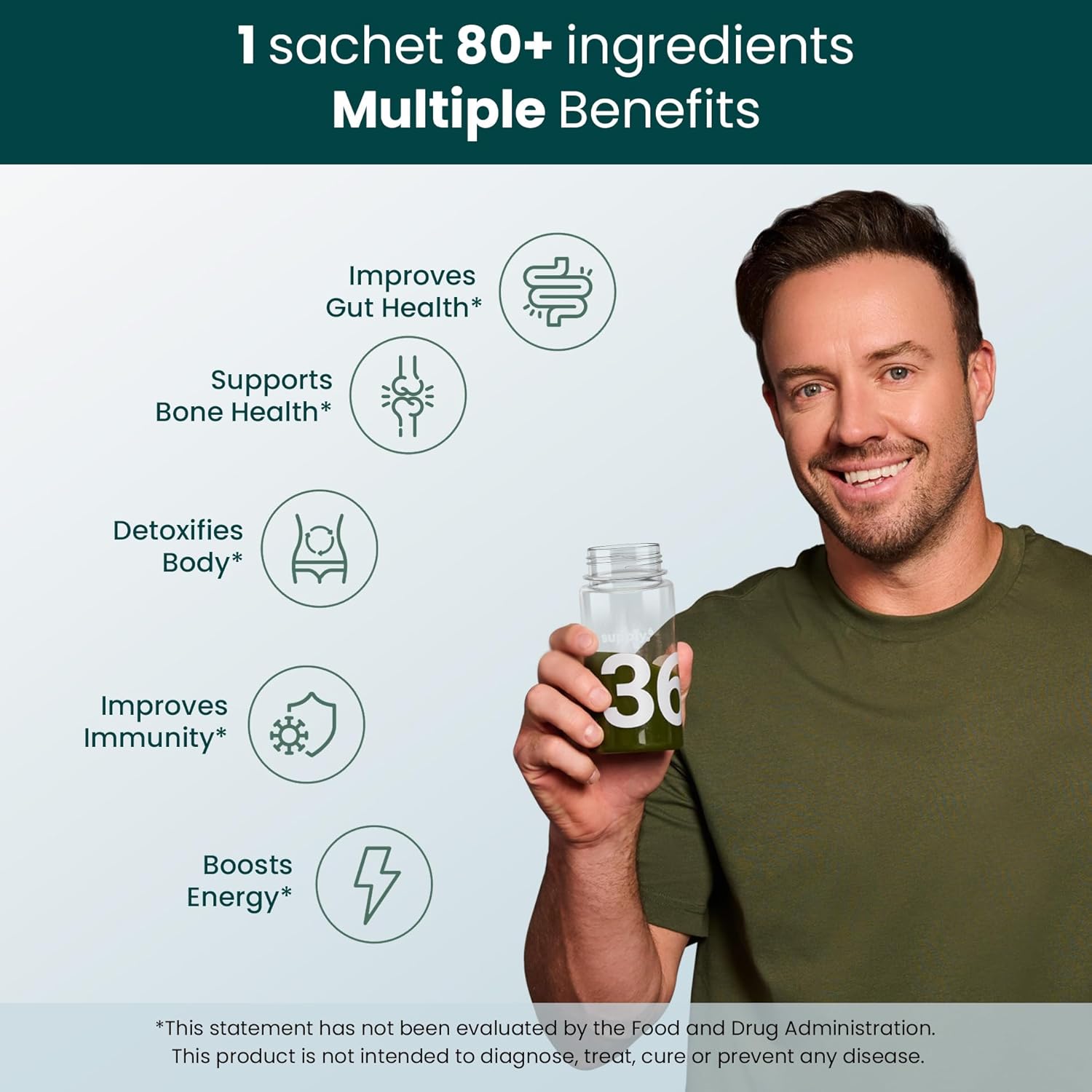 Plant-Based 360 Greens Powder with 80+ Superfoods, Ayurvedic Herbs, Vitamins, Minerals, Probiotics - Supports Energy, Gut Health, Immunity - No Added Sugar - 15 Servings