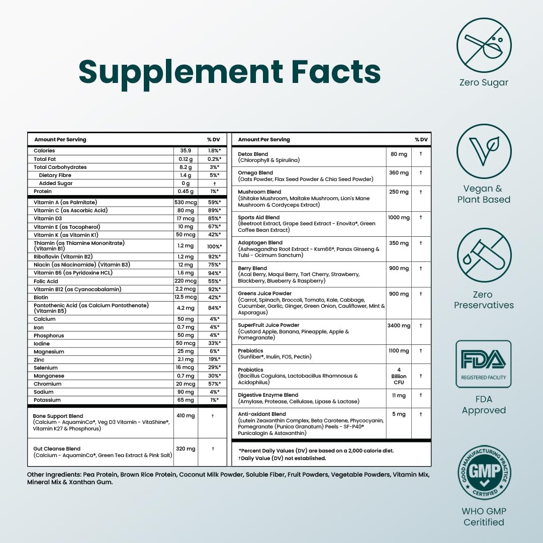 Plant-Based 360 Greens Powder with 80+ Superfoods, Ayurvedic Herbs, Vitamins, Minerals, Probiotics - Supports Energy, Gut Health, Immunity - No Added Sugar - 15 Servings